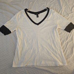 Forever 21 White and Black V-Neck Tee